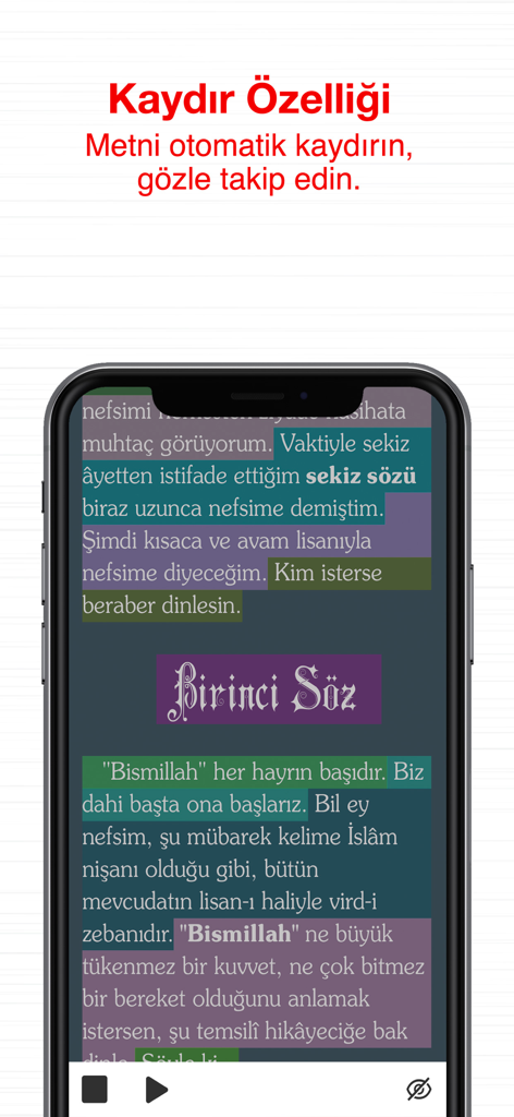 Risale-i Nur Kütüphanesi - Pantalla de smartphone que muestra la función de desplazamiento automático y los resaltados de color del modo de contemplación en la aplicación Risale-i Nur Library