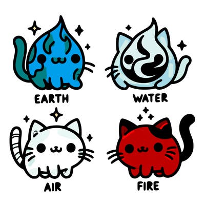 4 cats that represent the different elements, earth, water, air, and fire