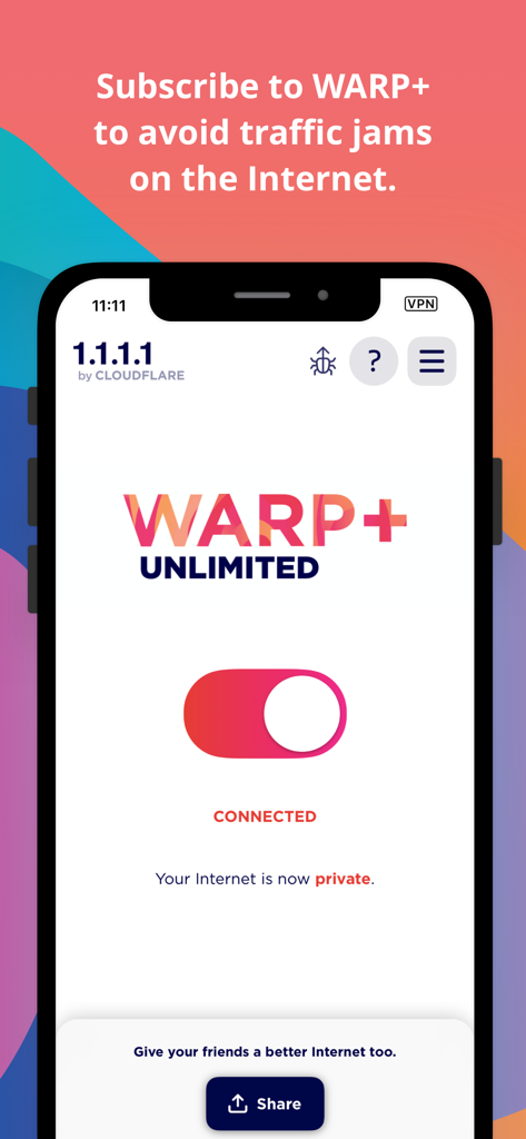 Pantalla de la aplicación Cloudflare 1.1.1.1 mostrando el estado de conexión WARP Plus Unlimited.