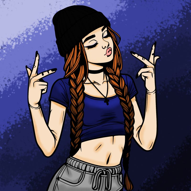 realistic teenage girl with braids and a beanie and crop top doing 🫶🏼
