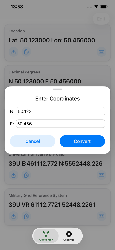 Geo Changer app showing an Enter Coordinates popup for inputting latitude and longitude values