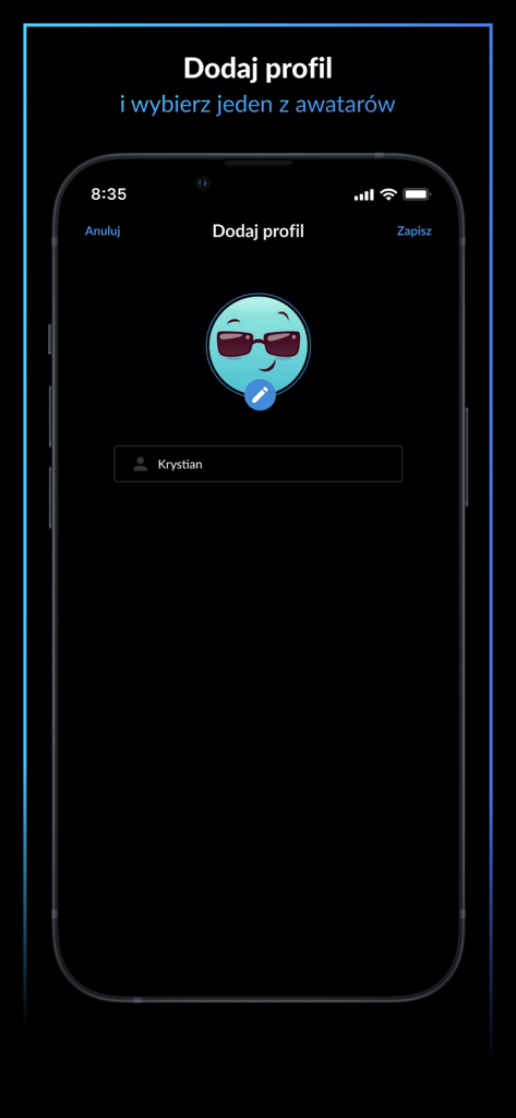 TVP VOD - Schermata di creazione del profilo dell'app TVP VOD con un avatar personalizzato.
