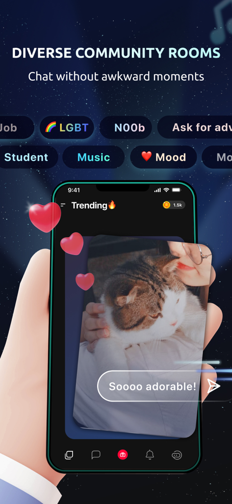XO - Vibe & Chat - Smartphone displaying the XO app interface with diverse community room categories like LGBT and Music along with a trending post of a cat.