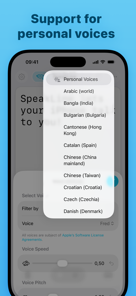 SpeakLine – Text to Speech - SpeakLineアプリのインターフェース、iPhone上のパーソナルテキスト読み上げボイスで利用可能な言語のリストが表示されています。