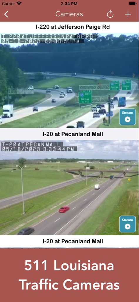 Louisiana 511 Traffic Cameras - Mobile interface showing live traffic camera feeds for I-220 and I-20 in Louisiana