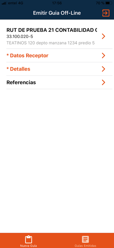 Interfaz de la aplicación e-Factura que muestra el formulario para emitir una guía de despacho offline con secciones de datos del destinatario y detalles