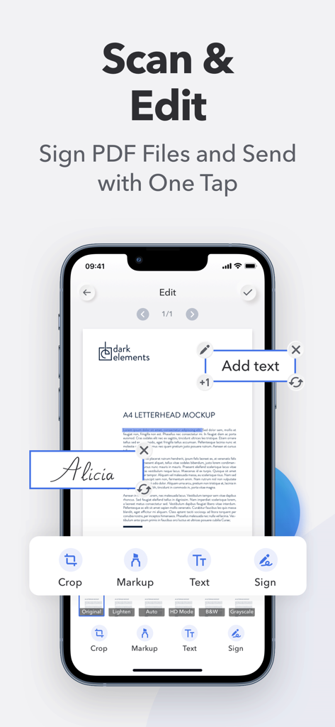 Smartphone-Bildschirm mit einer PDF-Scanner-App-Oberfläche mit Optionen zum Bearbeiten, Signieren und Hinzufügen von Text zu Dokumenten