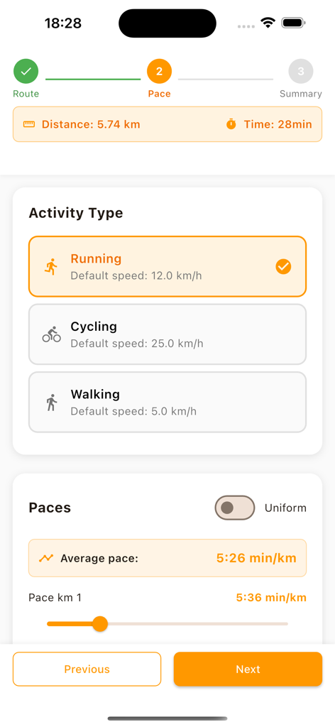 Fake Run Generator - GhostRun - Interface for selecting activity type and setting pace in the GhostRun app