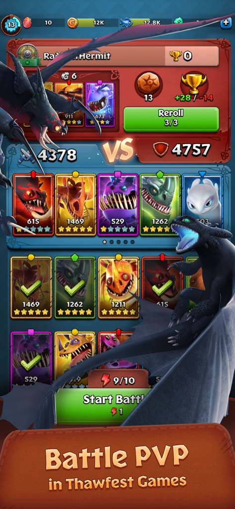 Dragons: Titan Uprising - Pantalla de selección de equipo para batalla PVP en Dragones: El Levantamiento de los Titanes, con varios dragones y Chimuelo.