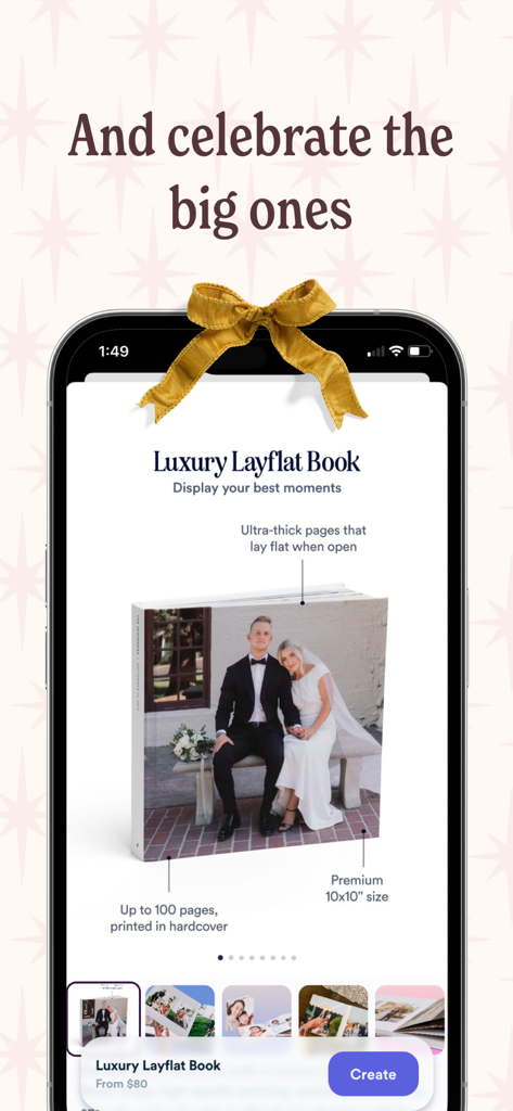 Uma pré-visualização da aplicação Chatbooks mostrando um álbum de fotos deitado de luxo com uma capa de foto de casamento.