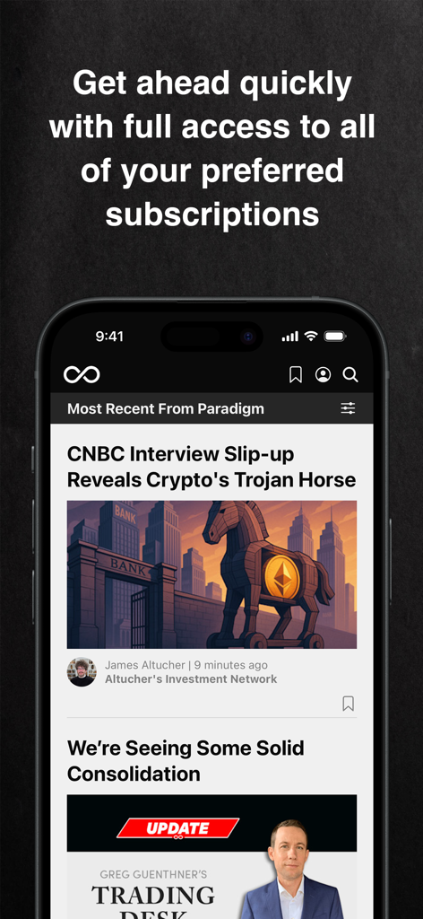 Écran de smartphone affichant le fil d'actualités financières de l'application Paradigm Press et des articles d'abonnement