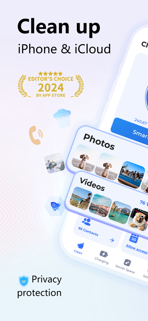 AI Cleaner Pro: Clean Storage - Interfaz de AI Cleaner Pro mostrando la gestión del almacenamiento de fotos y videos para iPhone e iCloud