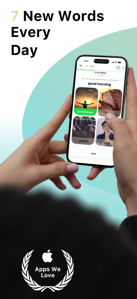 LENGOアプリで「おはようございます」という単語のオランダ語語彙クイズを表示するスマートフォンの画面