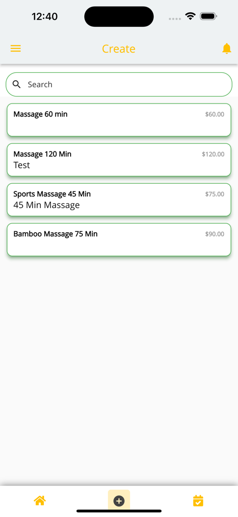 Spa Business - Interface da aplicação móvel mostrando serviços de massagem e preços para gestão de spa