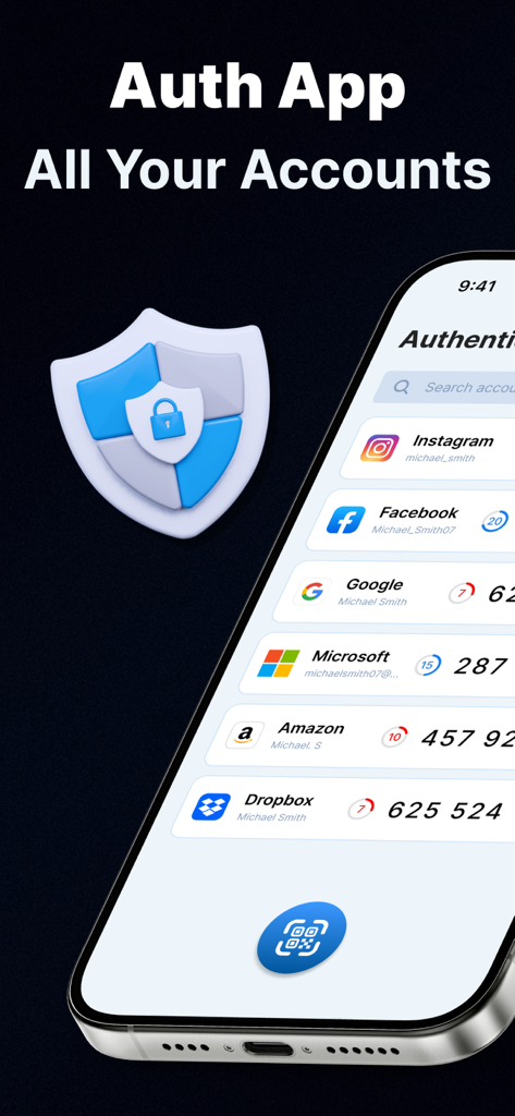 Pantalla de iPhone que muestra códigos de seguridad 2FA para múltiples cuentas como Google y Facebook