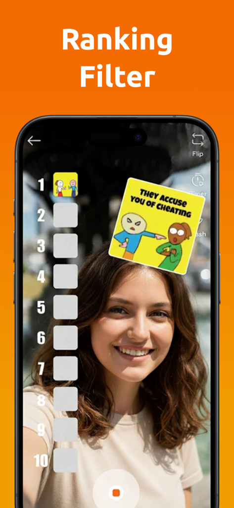 Interface of the Ranking Filter app showing a user recording a reaction to a ranking card