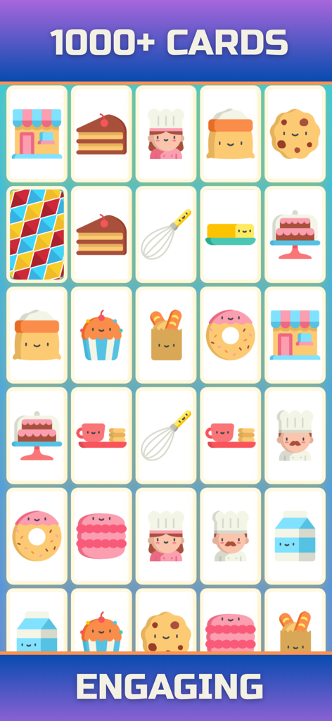 Memory Match Puzzle Trainer - Una colorida cuadrícula de tarjetas de emparejamiento de memoria con temática de panadería en la aplicación de entrenamiento de puzzles