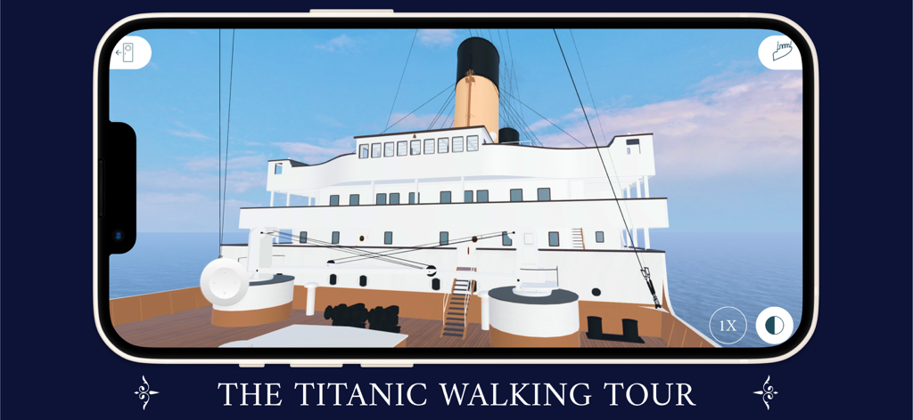 3D virtual walking tour of the Titanic deck in the mobile simulator app.