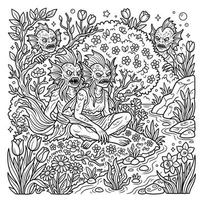 Unleash your creativity with this captivating coloring page featuring monstrous gilled humanoids. Discover these unique fantasy creatures lurking within a vibrant and blooming spring landscape, perfect for an engaging artistic journey.