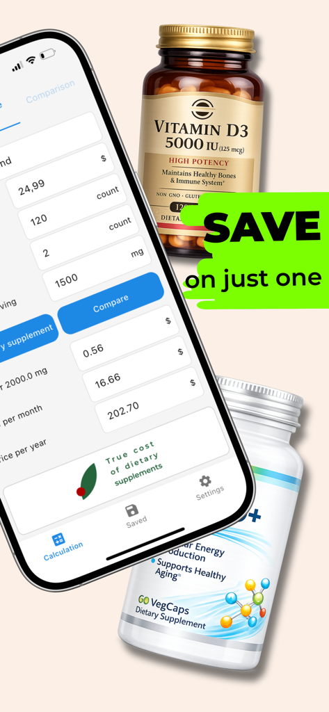 Dose Cost: Supplements - Interfaccia dell'app Dose Cost che calcola il costo annuale degli integratori di Vitamina D3 su uno schermo di iPhone