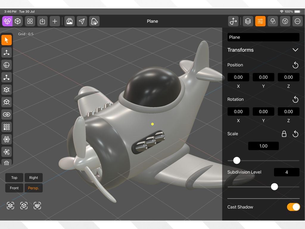 App di modellazione 3D DGArt su iPad che mostra un modello stilizzato di un aeroplano con le impostazioni di trasformazione