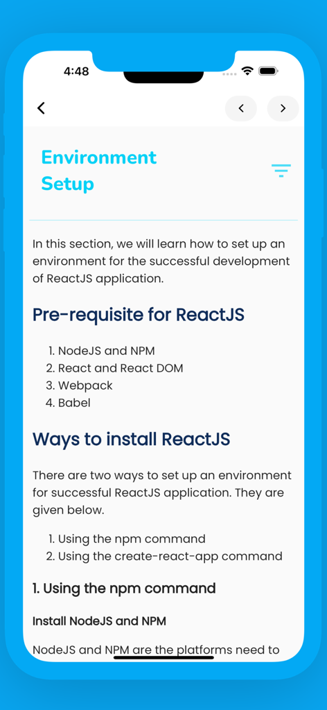 Mobile App-Bildschirm mit einem Tutorial zur Einrichtung der ReactJS-Umgebung mit Voraussetzungen und Installationsschritten.