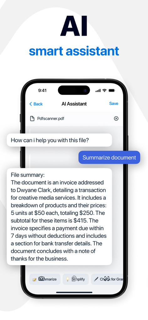 PDF Scanner - Fax, Sign & Edit - Fonction d'assistant intelligent IA dans l'application de scanner PDF résumant une facture sur un écran de smartphone.