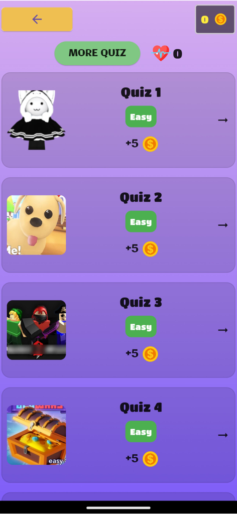 Skins Maker Roblox - Menu di selezione quiz nell'app Skins Maker Roblox che mostra vari quiz di livello facile per bambini