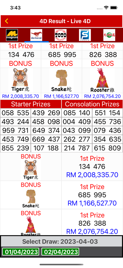 4D Result - Live 4D Lottery - Live 4D lottery results showing prizes and lucky animal symbols