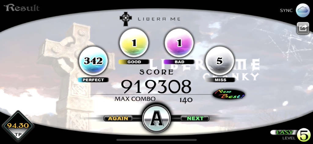 Result screen of Cytus rhythm game showing a score of 919308 and rank A for the song Libera Me