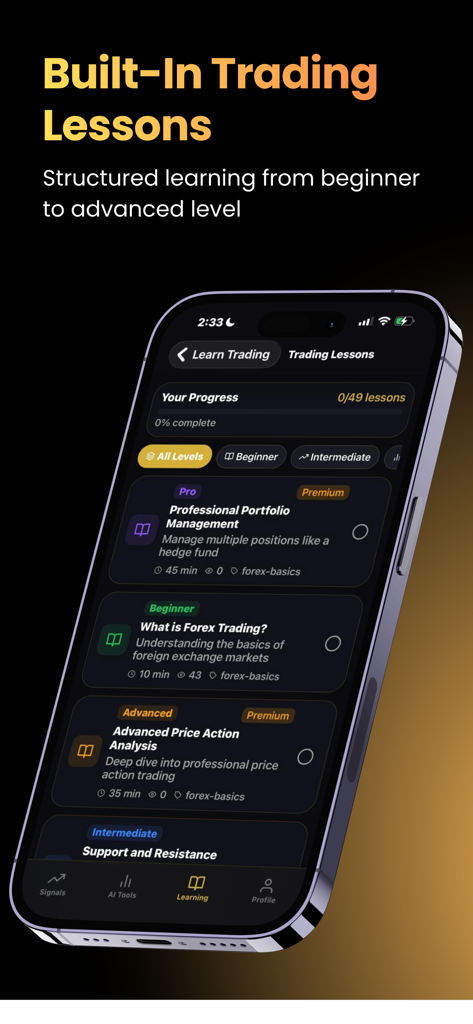 Mobile app interface for SignalPro showing structured forex trading lessons for all levels