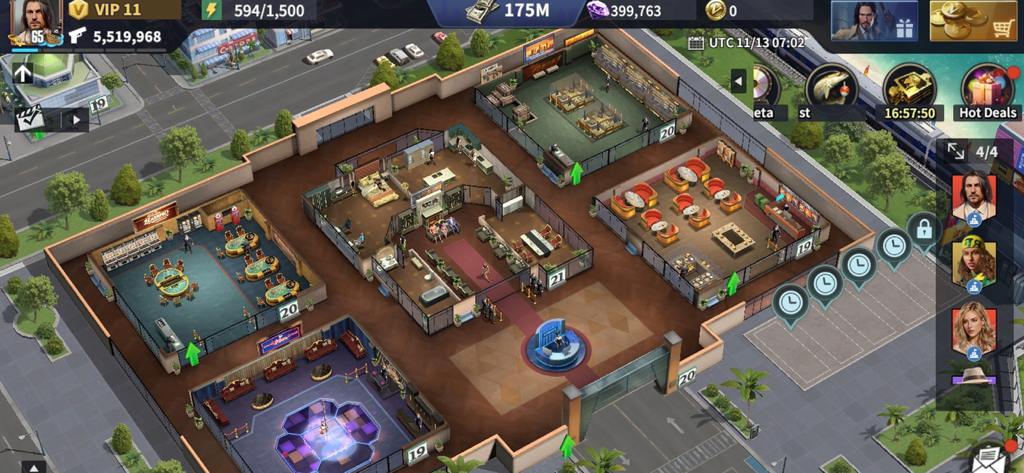 Grand Gangster War - Top-down view of a nightclub management interface featuring a casino and lounge in Grand Gangster War.
