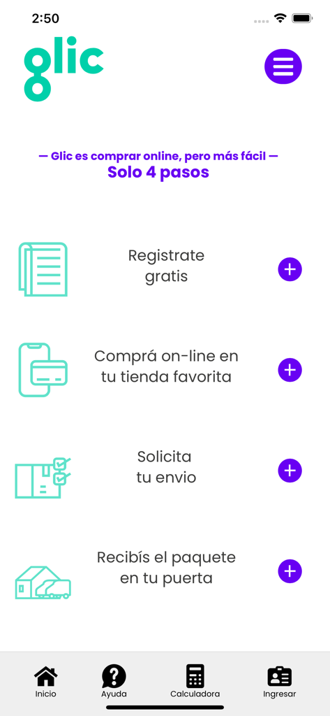Glic - Glic app interface illustrating the four steps process for international shipping and delivery