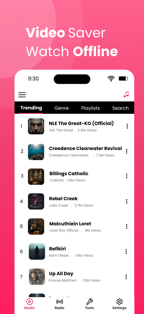 Interface de l'application Tubidy montrant une liste de vidéoclips tendances et une fonction de sauvegarde vidéo à regarder hors ligne