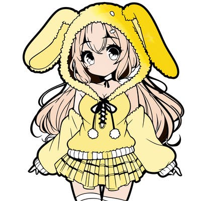 pretty anime girl wearing a fluffy hoodie with bunny ears on the hood and a skirt