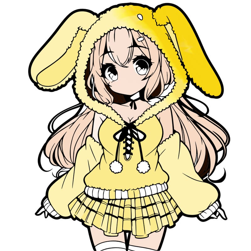 pretty anime girl wearing a fluffy hoodie with bunny ears on the hood and a skirt