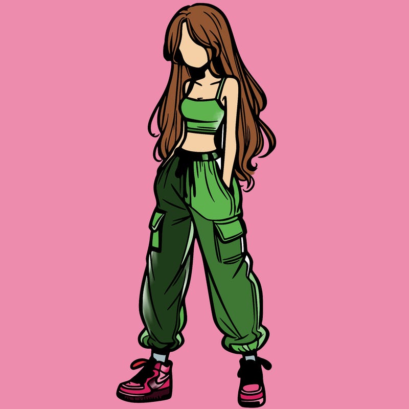 girl in baggy pants crop top and long hair