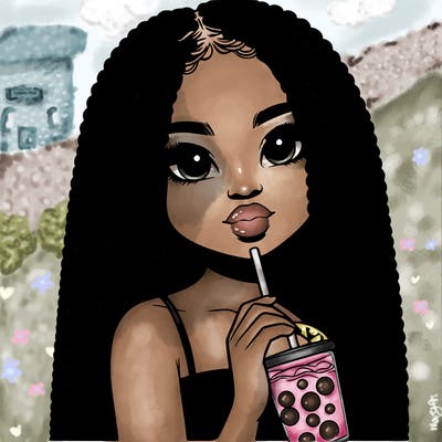 realistic girl holding a boba with braided hair