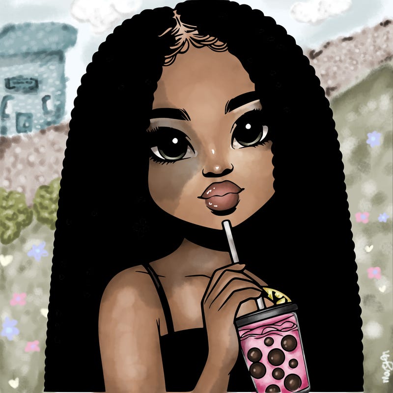 realistic girl holding a boba with braided hair