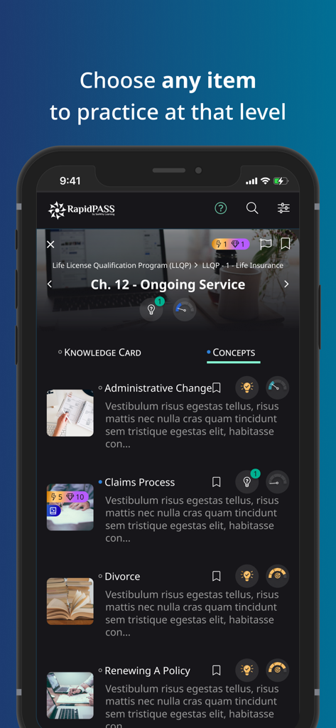 RapidPASS - RapidPASS app screen showing a list of interactive study concepts for the Life License Qualification Program exam.