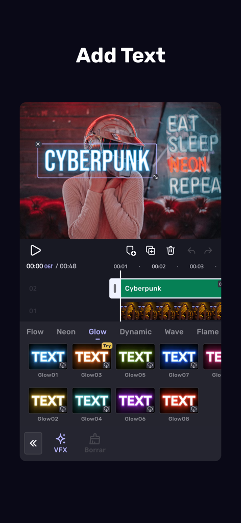 VivaCut mobile video editor interface showing neon glow text effects and a multi-layer timeline