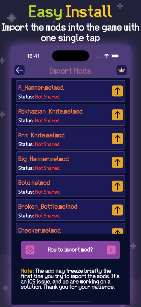 Mel Mods Skins For Ragdoll PG - Easy one-tap installation screen for importing various weapon mods into Melon Sandbox.