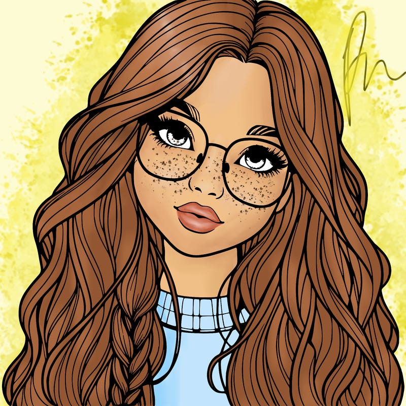 girl with long hair and freckles and glasses realistic