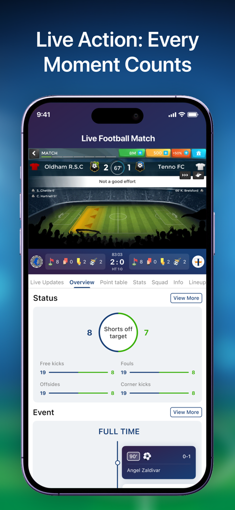 Live Football TV HD Streaming・ - Interface de suivi des statistiques de matchs de football en direct et des scores sur iPhone.