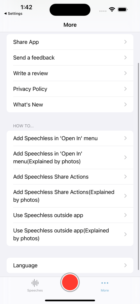 Speechless: audios to texts - Tela de configurações e guias de como usar do aplicativo de transcrição Speechless