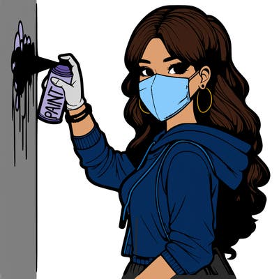 realistic girl with mask spray painting a wall