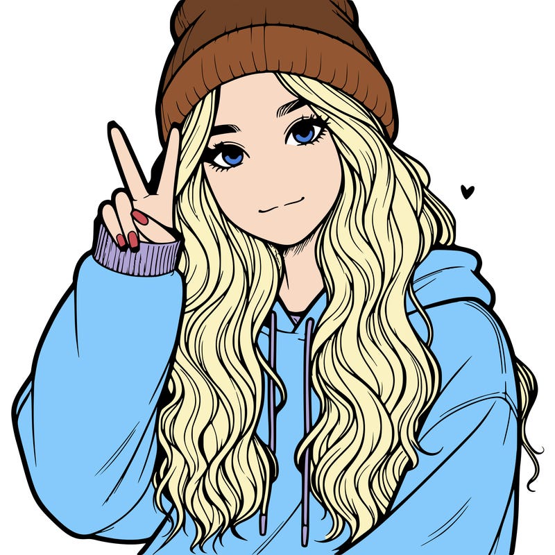 a teenage girl in a beanie, oversized sweatshirt, wavy long hair, and is showing a ✌️