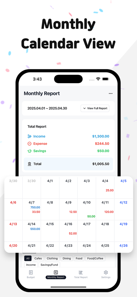 MoneyLog: Budget & Expense - Pantalla de informe mensual de la aplicación MoneyLog que muestra ingresos y gastos con una vista de calendario
