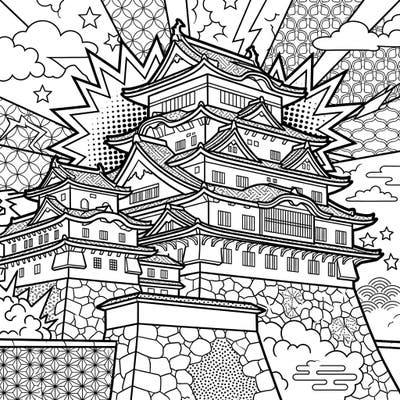 Embark on an artistic journey with this captivating coloring page featuring a majestic Japanese castle rendered in a vibrant Pop Art style. Experience the fusion of ancient architecture and modern artistic flair, ready for your creative touch.