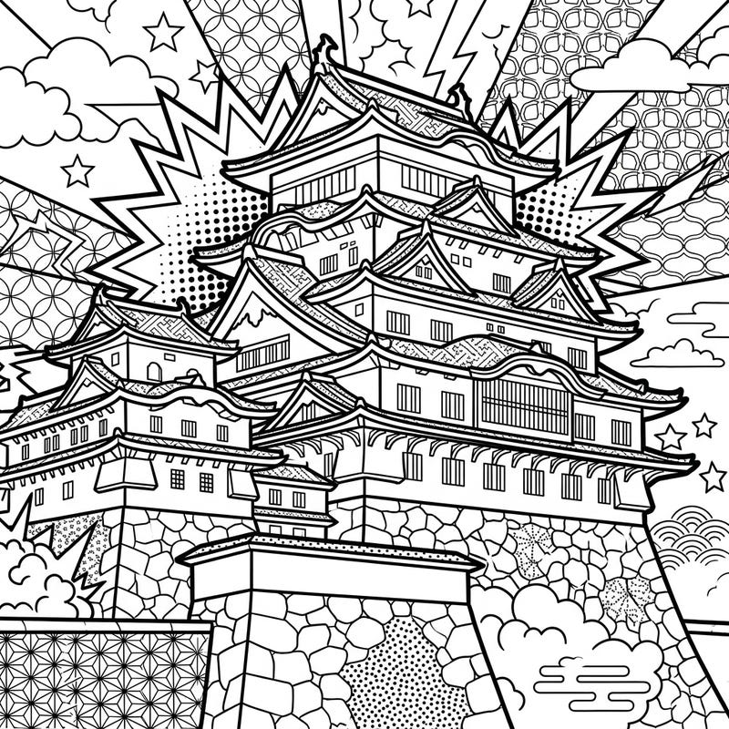 Embark on an artistic journey with this captivating coloring page featuring a majestic Japanese castle rendered in a vibrant Pop Art style. Experience the fusion of ancient architecture and modern artistic flair, ready for your creative touch.